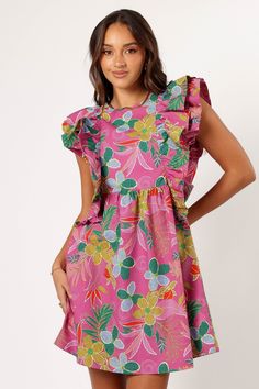 DETAILS   Step out in style with our Odin Ruffle Mini Dress. Whether youâ€™re headed to brunch or a casual dinner, this dress can be dressed up or down to suit any occasion! With its high round neckline and short ruffle sleeves, it's all about the details.    mini length  high round neckline   short ruffle sleeves  back invisible zip  functional side pockets  floral print  lined    material - 100% cotton / lining - 100% polyester    SIZING    studio model is 5' 7" and wears a Size S    model sta Wedding Swimwear, Ruffle Mini Dress, Invisible Zip, Casual Dinner, Ruffle Sleeves, New Arrival Dress, S Models, Passion For Fashion, Round Neckline