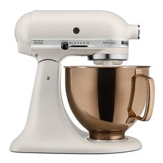 a white and gold kitchen mixer on a white background