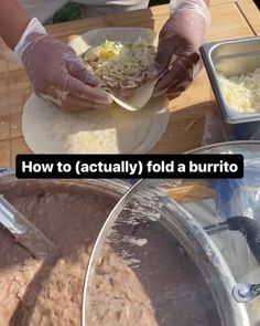 a person in white gloves is making food