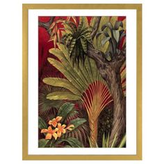 a painting of tropical plants and trees on a red background with orange flowers in the foreground