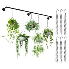 several hanging plants are shown in different styles and colors, including one with long metal hooks