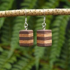 small wooden earrings hanging from a tree branch