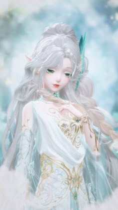 a digital painting of a woman with white hair and blue eyes wearing an angel costume