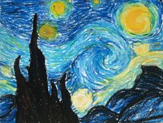 the starry night is painted with chalk pastel and watercolors on paper