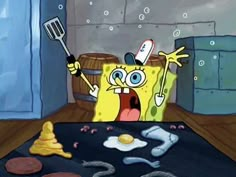 an animated spongebob holding a spatula and frying pan with food on it