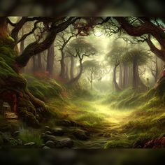 an image of a forest scene with trees and moss on the ground in front of it