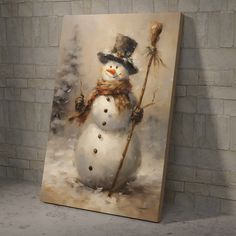 a painting of a snowman wearing a hat and holding a broom in front of a brick wall