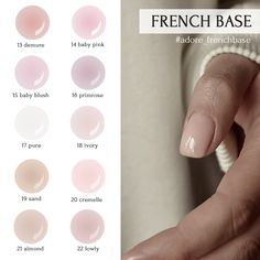 FRENCH BASE offers a palette of camouflage bases in perfect French shades, designed to enhance and tone the natural nail color. These bases provide an elegant, seamless finish, ideal for creating classic French manicures with a natural look. Elastic base of comfortable medium-thick consistency. Suitable for minimal leveling of Nail plates in the technique of leveling with liquid bases. It is recommended for application on a layer of the priming base-substrate. They are used as a camouflaging bas Minimalist Almond Nails, Natural Nail Color, French Nail Polish, Taupe Nails, Nail Paint Shades, French Manicures, Classic French Manicure, Nail Plate, Minimalist Nails