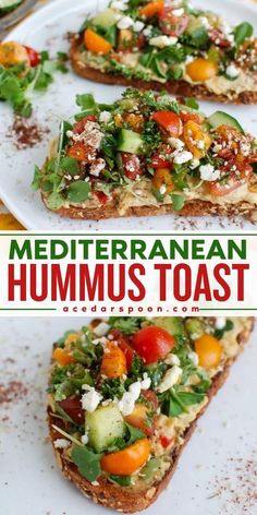 this mediterranean hummus toast is loaded with fresh vegetables, feta cheese and lots of seasoning