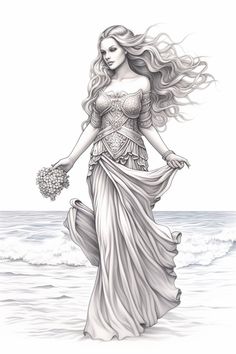 A delicate portrayal of Aphrodite, goddess of love and beauty, standing by the sea with flowing hair and serene expression. Aphrodite Goddess Of Love, Goddess Of Love And Beauty, Aphrodite Goddess, Love And Beauty, Flowing Hair, Goddess Of Love, Carthage