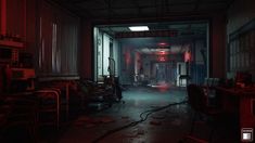 a dark room with lots of furniture and red lights