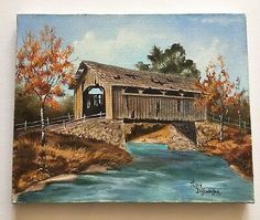 a painting of a covered bridge over a river