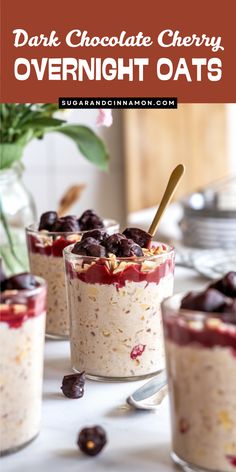 three desserts with chocolate cherry overnight oats in glass cups on a white table