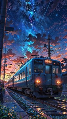 a train traveling down tracks under a night sky filled with stars and the sun setting