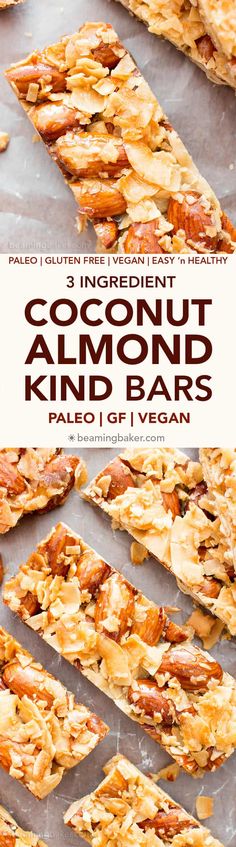 a close up of some kind of food on a tray with the words coconut almond kid bars