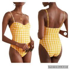 Soak Up The Sun In This Fabulous Yellow And White Gingham One Piece Swimsuit From Faithfull The Brand. Pull-On Styling With Adjustable Over The Shoulder Straps And Underwire For Support. Allover Gingham Print, Moderate Bottom Coverage And Lined. Nylon/Spandex Blend, Feel Free To Message With Any Questions. Thank You For Shopping With Us And Have A Great Day! Tropical Swimsuits, Floral Bustier, Orange Swimsuit, Soak Up The Sun, Orange Plaid, Faithfull The Brand, One Piece Swim, Gingham Print, Have A Great Day