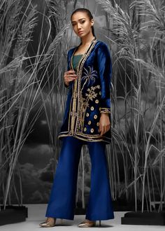 Raw Silk Pants, Blue Magnolia, Dark Royal Blue, Applique Work, Raw Silk Fabric, Midnight Garden, Velvet Collection, Dress Indian