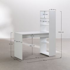 a white desk with measurements for the top and bottom shelves on each side is shown