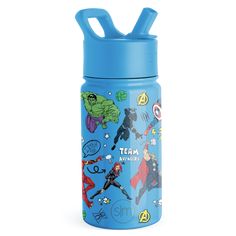 a blue water bottle with avengers characters on it