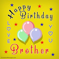 two heart shaped balloons are in front of the words happy birthday brother on a yellow background