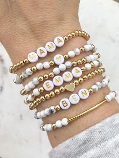 Howlite Custom Bracelets – Simply Stated Name Friendship Bracelets, Diy Bracelet Ideas, Beaded Name Bracelet, Beaded Bracelet Stack, Bridesmaid Bracelet Gift, Name Bracelets, Rose Gold Beads, Word Bracelet, Stacking Bracelets