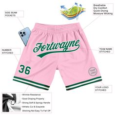 Custom Light Pink Kelly Green-White Authentic Throwback Basketball Shorts Pink Kelly, Pink Basketball, St. Patricks Day, Blue Football, Alpha Kappa Alpha, 3d Pattern, Sports Fashion, Name Logo, Basketball Shorts