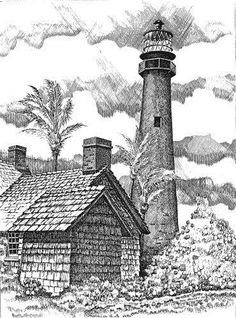 a black and white drawing of a lighthouse