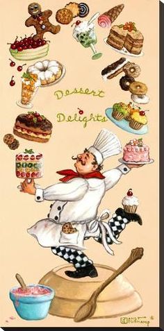 a painting of a chef on top of a table with many desserts around him