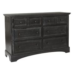 a black dresser with six drawers and two doors on the top shelf, in front of a white background