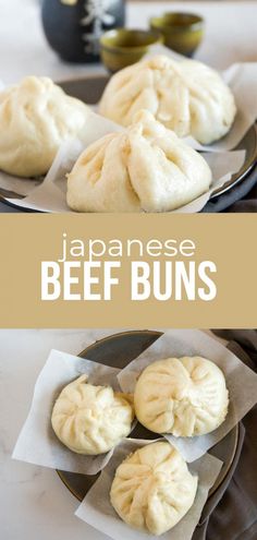 japanese beef buns on a plate with dipping sauce in the background and text overlay that reads, japanese beef buns