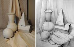 two pictures side by side one has a vase and the other has an object