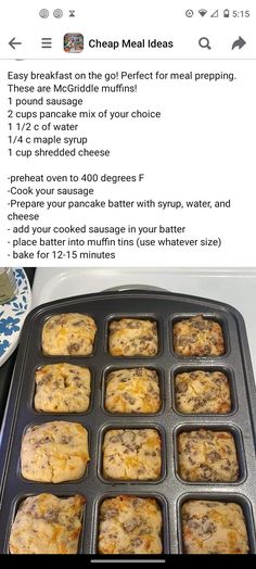 a muffin pan filled with lots of different types of breakfast foods on top of a counter