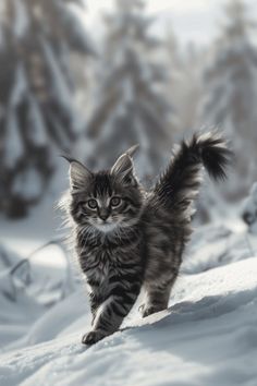 a small kitten is running through the snow