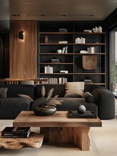 a living room filled with black furniture and bookshelves next to a large window