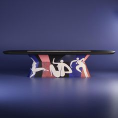 an artistically designed table is shown against a blue background