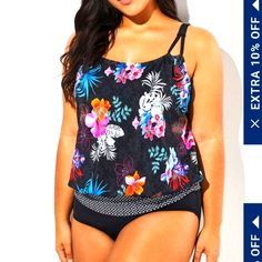 New Hawaiian Printed Blouson 2x Tummy Control One Piece Swimsuit Plus Size Bathing Suits, Strappy Swimwear, Green One Piece Swimsuit, Plus Size One Piece, One Peace, Night Dress For Women, Stylish Plus, Plus Size Swimsuits, Hawaiian Print