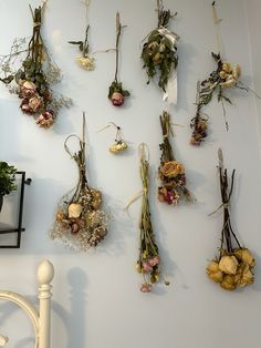 several dried flowers are arranged on a wall