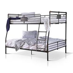 two metal bunk beds sitting next to each other on top of a white flooring