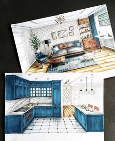 two drawings of a kitchen and living room in one drawing, the other with colored pencils