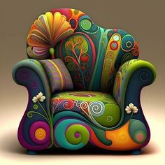 an artisticly designed chair with colorful swirls and flowers on the back, against a beige background