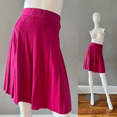 V I N T A G E 1980s . unlined . high waist . back zipper with button . pleated . mini length . a-line cut . no stretch . no pockets C O L O R S . pink M A T E R I A L . polyester blend L A B E L . claude C O N D I T I O N . excellent S I Z E . tag size // 7-8 . recommended size // s M E A S U R E M E N T S (not stretched) . waist // 27 . hips // 34 . length // 22 ** all items were measured laying flat & the measurements for waist, & hips have been doubled ** Pink Stretch Pleated Mini Skirt, Pink Relaxed Pleated Mini Skirt, Pink A-line Pleated Skirt, Pink Pleated A-line Skirt, Pink Voluminous Pleated Skirt, High Waist Mini Skirt, A Line Cut, Mini Skirt, Womens Skirt