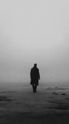 a man walking across a field in the fog