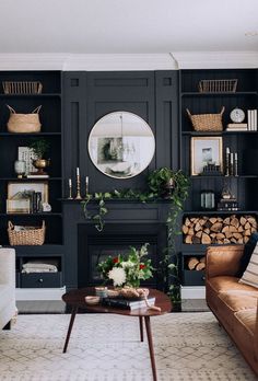 a living room filled with furniture and a fire place in front of a book shelf