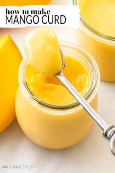 mango curd in small glass jars with a spoon on the side and text overlay that reads how to make mango curd