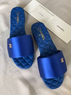 Chanel Shoes Aesthetic, Sandals Chanel, Chanel Slippers, Chanel Blue, Blue Luxury, Shoes Aesthetic, Pretty Sandals, Trendy Shoes Sneakers