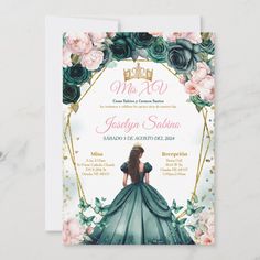 this is an image of a wedding card with flowers and princess silhouettes on it