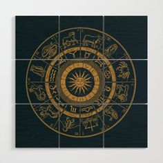 the zodiac wheel in gold on black art print