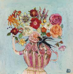 a painting of flowers in a pink vase