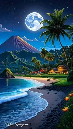 a painting of a tropical beach at night