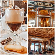 a collage of photos showing the inside of a restaurant with food and drinks in it